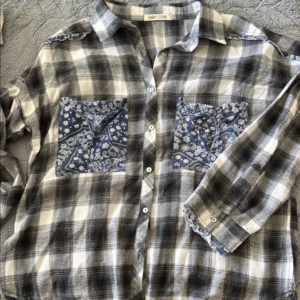 Plaid Button-Up Shirt with Floral Pockets